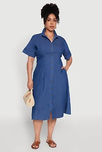 Plus Chic Chambray Shirt Dress with Pleated Details