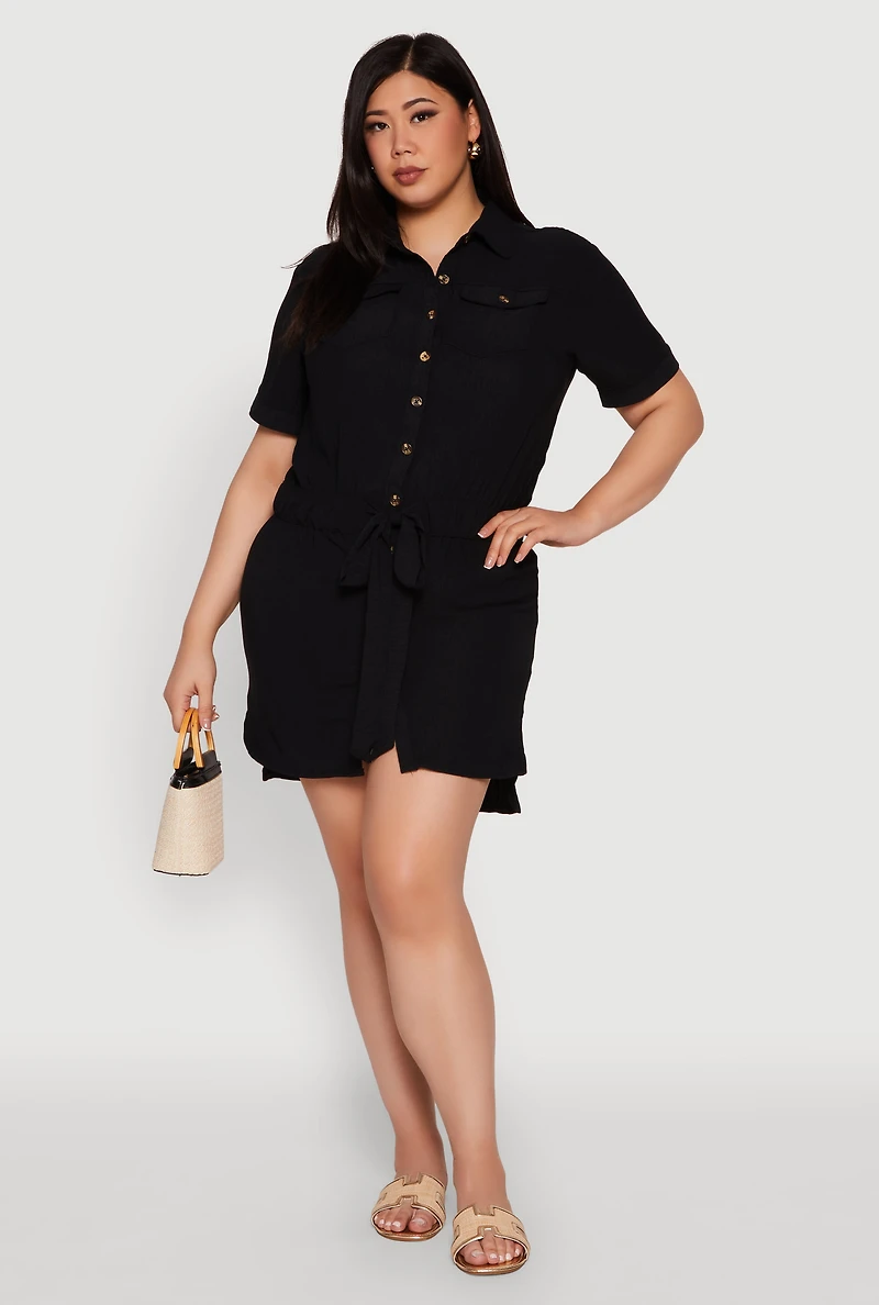 Womens Plus Size Button Front Tie Waist Shirt Dress, Black, Size 2X