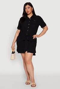 Womens Plus Size Button Front Tie Waist Shirt Dress, Black, Size 2X