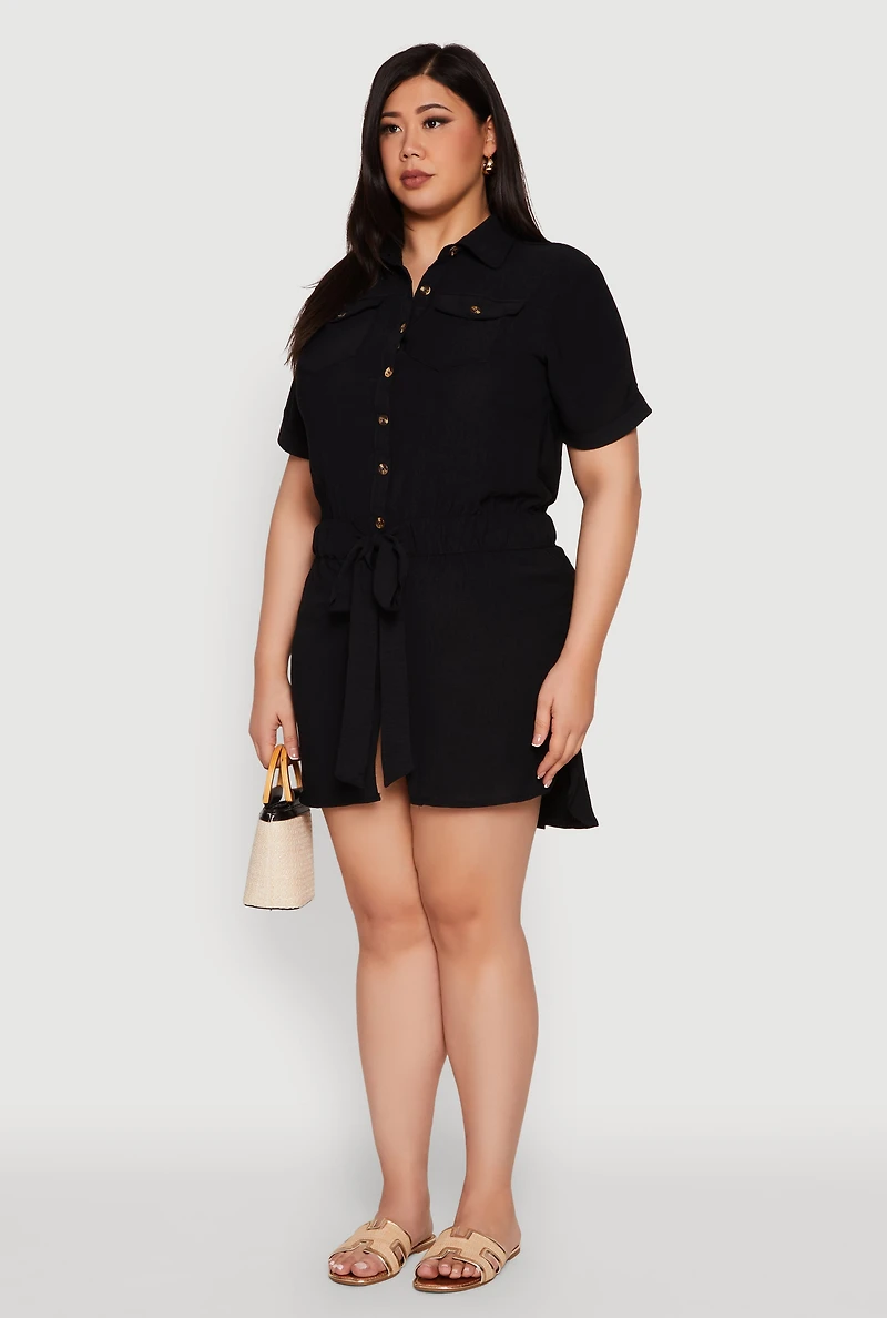 Womens Plus Size Button Front Tie Waist Shirt Dress, Black, Size 2X