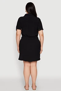 Womens Plus Size Button Front Tie Waist Shirt Dress, Black, Size 2X