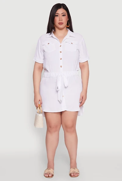 Womens Plus Size Button Front Tie Waist Shirt Dress, White, Size 2X