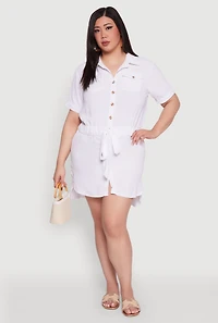 Womens Plus Size Button Front Tie Waist Shirt Dress, White, Size 2X