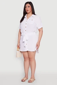 Womens Plus Size Button Front Tie Waist Shirt Dress, White, Size 2X
