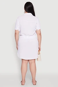 Womens Plus Size Button Front Tie Waist Shirt Dress, White, Size 2X