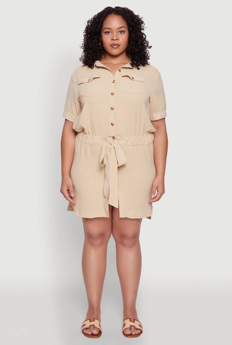 Womens Plus Button Front Tie Waist Shirt Dress,