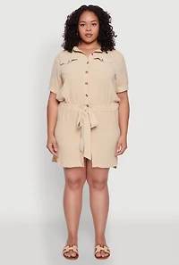 Womens Plus Button Front Tie Waist Shirt Dress,