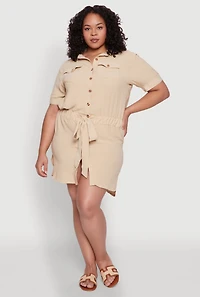 Womens Plus Button Front Tie Waist Shirt Dress,