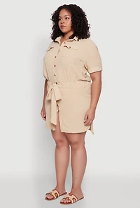 Womens Plus Button Front Tie Waist Shirt Dress,