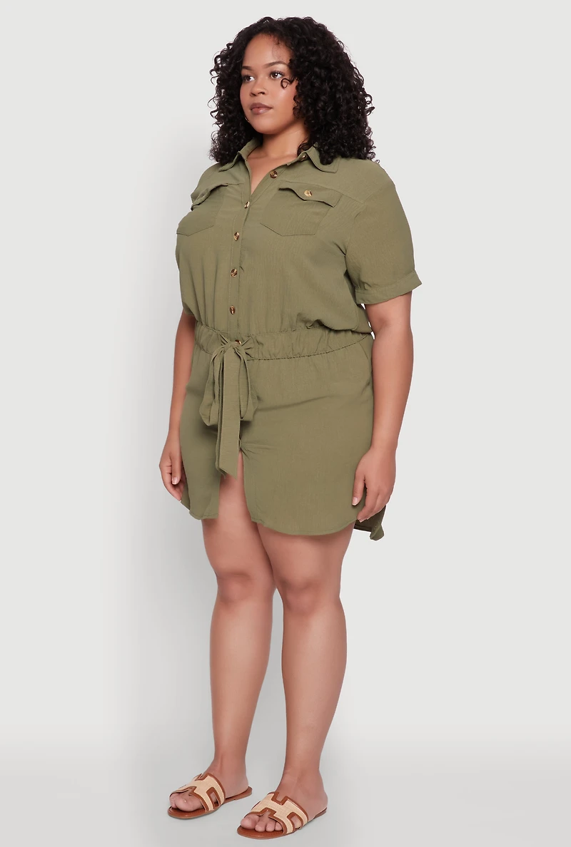 Plus Button Front Tie Waist Shirt Dress
