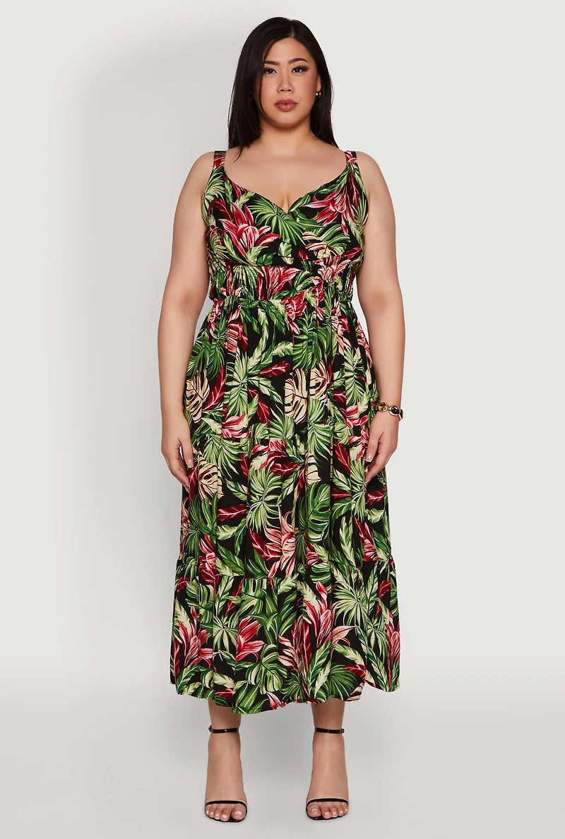 Womens Plus Size Leaf Print Empire Waist Dress, Multi, Size 1X