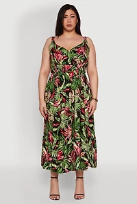 Womens Plus Size Leaf Print Empire Waist Dress, Multi, Size 1X