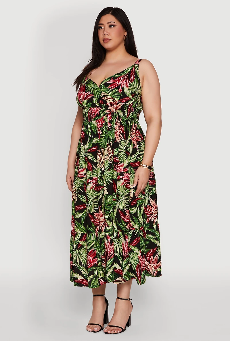 Womens Plus Size Leaf Print Empire Waist Dress, Multi, Size 1X