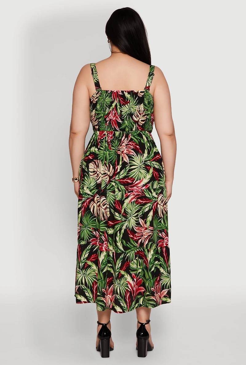 Womens Plus Size Leaf Print Empire Waist Dress, Multi, Size 1X