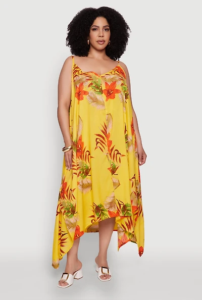 Womens Plus Size Tropical Floral Sleeveless Sundress with Sharkbite Hem, Yellow, Size 2X