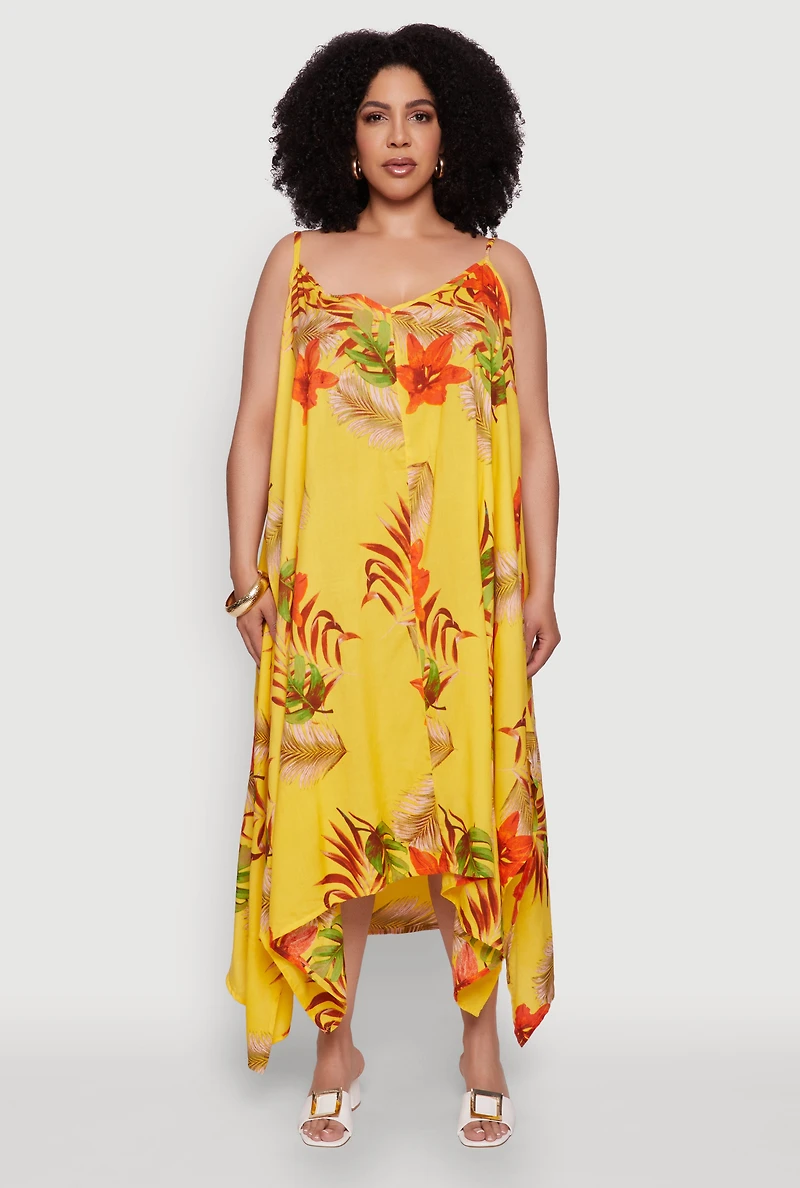 Womens Plus Size Tropical Floral Sleeveless Sundress with Sharkbite Hem, Yellow, Size 2X