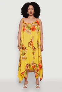 Womens Plus Size Tropical Floral Sleeveless Sundress with Sharkbite Hem, Yellow, Size 2X