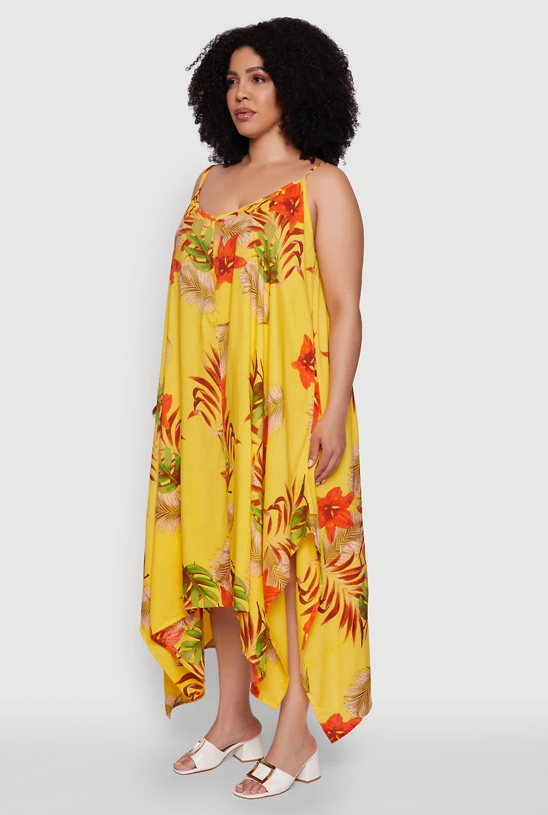 Womens Plus Size Tropical Floral Sleeveless Sundress with Sharkbite Hem, Yellow, Size 2X