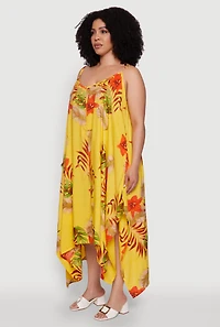 Womens Plus Size Tropical Floral Sleeveless Sundress with Sharkbite Hem, Yellow, Size 2X