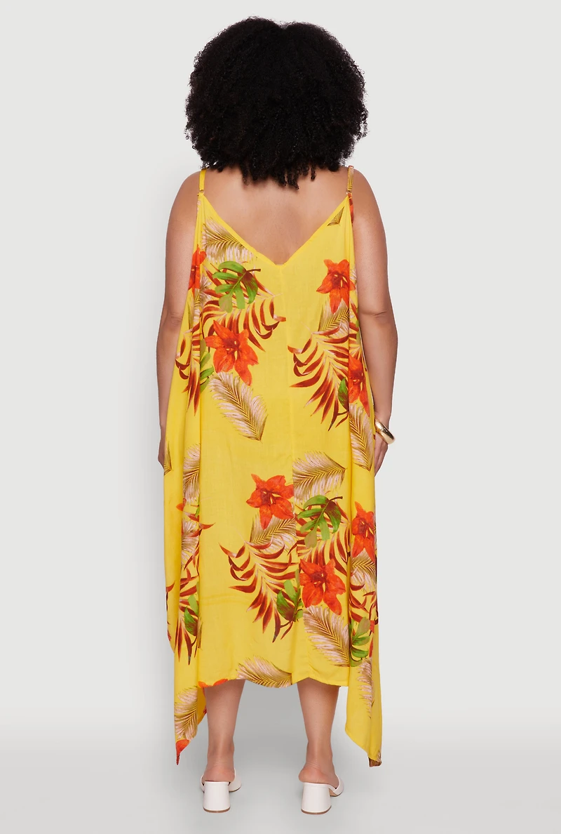 Womens Plus Size Tropical Floral Sleeveless Sundress with Sharkbite Hem, Yellow, Size 2X