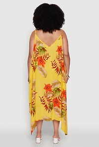 Womens Plus Size Tropical Floral Sleeveless Sundress with Sharkbite Hem, Yellow, Size 2X