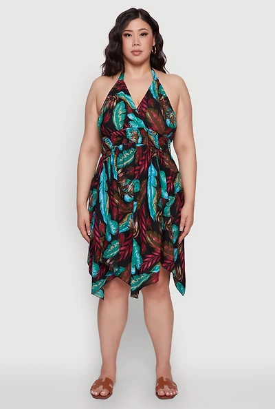 Womens Plus Size Leaf Print Sundress with Halter Neck and Sharkbite Hem, Multi, Size 2X