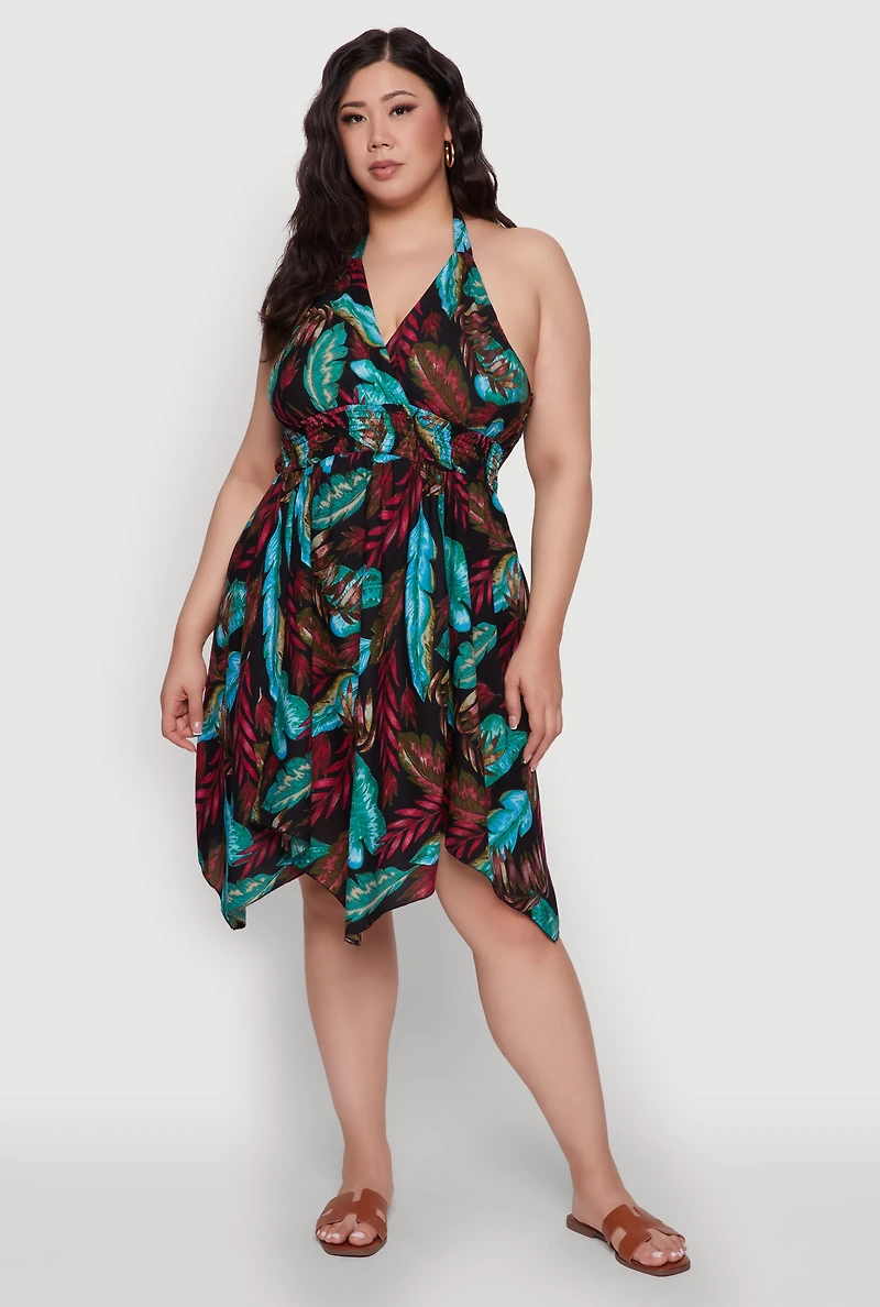 Plus Leaf Print Sundress with Halter Neck and Sharkbite Hem