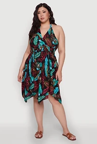 Plus Leaf Print Sundress with Halter Neck and Sharkbite Hem