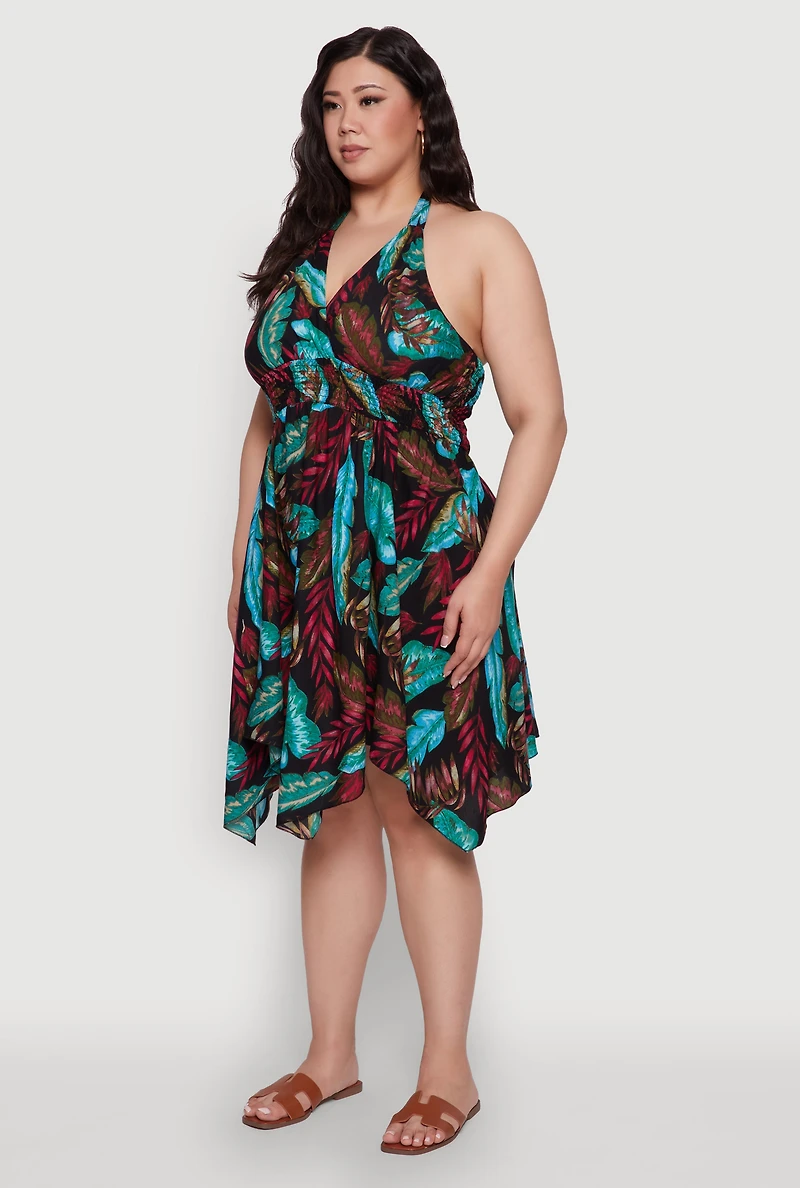 Plus Leaf Print Sundress with Halter Neck and Sharkbite Hem