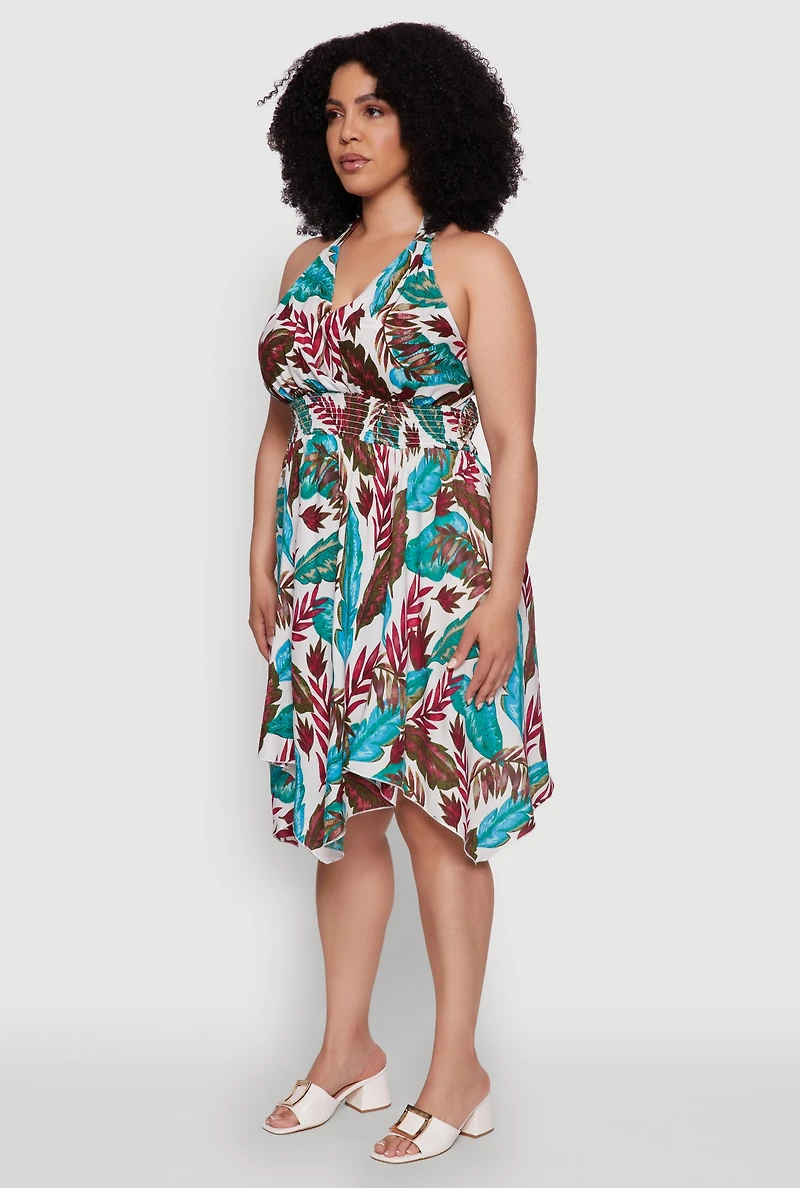 Womens Plus Size Leaf Print Sundress with Halter Neck and Sharkbite Hem, Multi, Size 3X