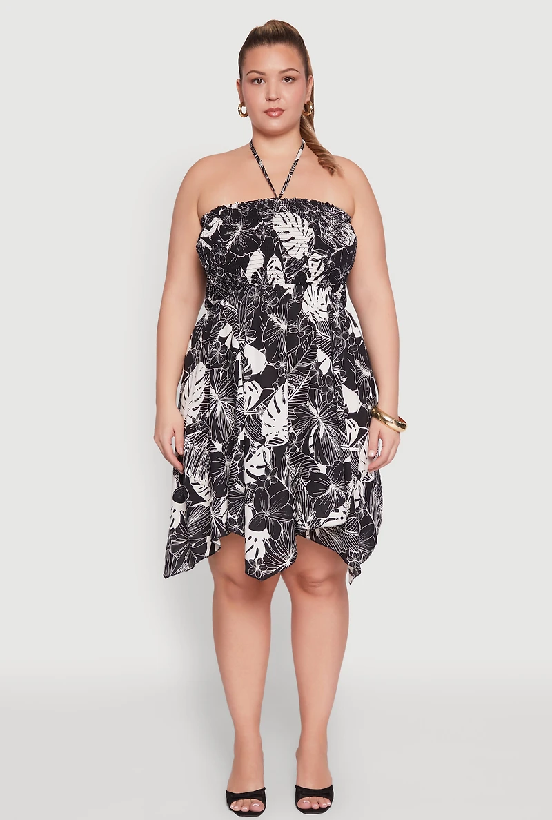 Womens Plus Size Smocked Shark Bite Leaf Print Dress, Multi, Size 2X