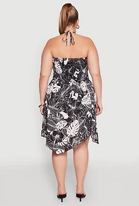 Womens Plus Size Smocked Shark Bite Leaf Print Dress, Multi, Size 1X