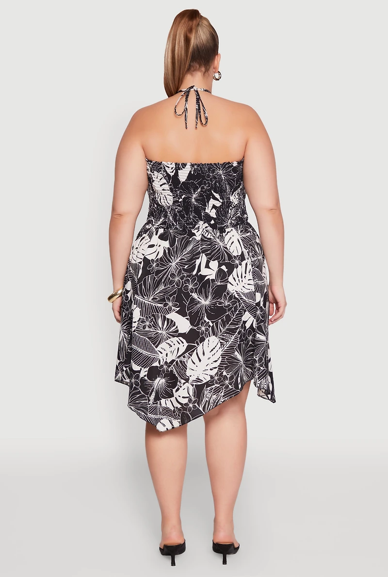 Womens Plus Size Smocked Shark Bite Leaf Print Dress, Multi, Size 2X