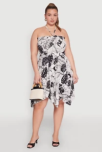 Womens Plus Size Smocked Shark Bite Leaf Print Dress, Multi, Size 2X