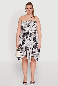 Womens Plus Size Smocked Shark Bite Leaf Print Dress, Multi, Size 2X
