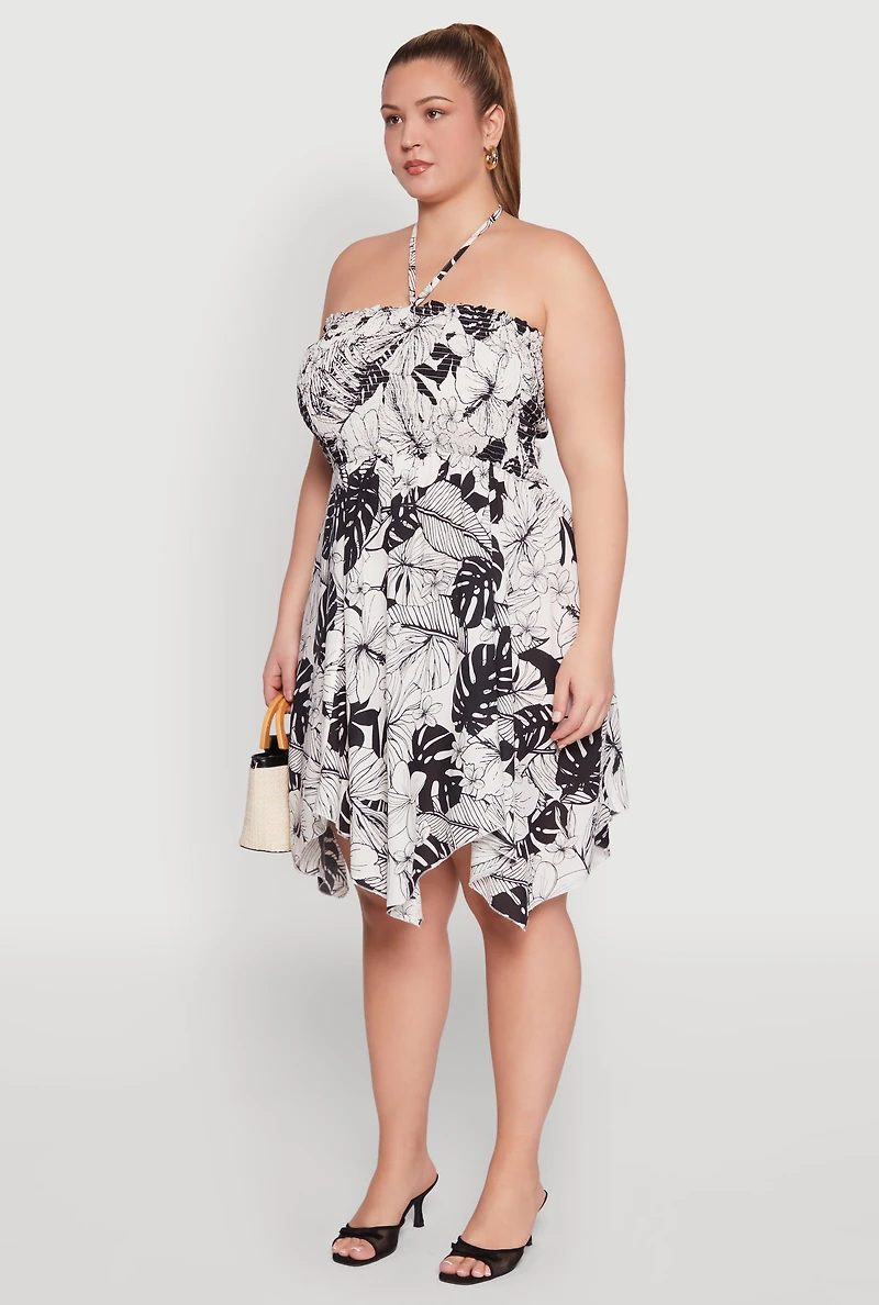 Womens Plus Size Smocked Shark Bite Leaf Print Dress, Multi, Size 2X
