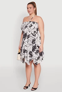 Womens Plus Size Smocked Shark Bite Leaf Print Dress, Multi, Size 2X