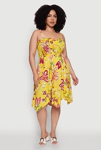 Womens Plus Size Floral Sleeveless Sundress with Square Neck and Sharkbite Hem, Yellow, Size 2X