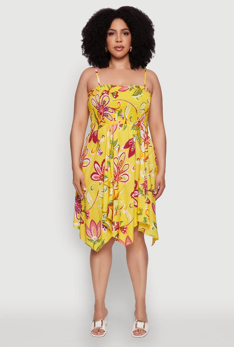 Womens Plus Size Floral Sleeveless Sundress with Square Neck and Sharkbite Hem, Yellow, Size 3X