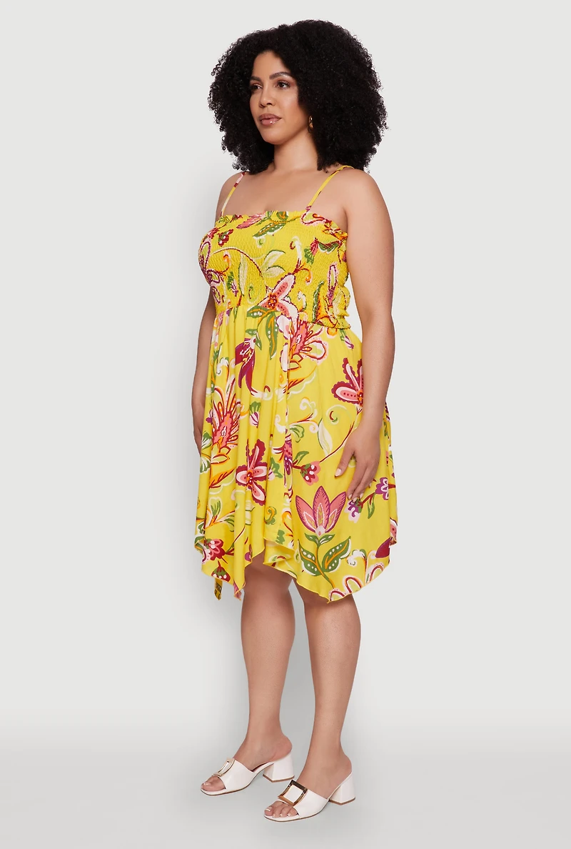 Womens Plus Size Floral Sleeveless Sundress with Square Neck and Sharkbite Hem, Yellow, Size 3X