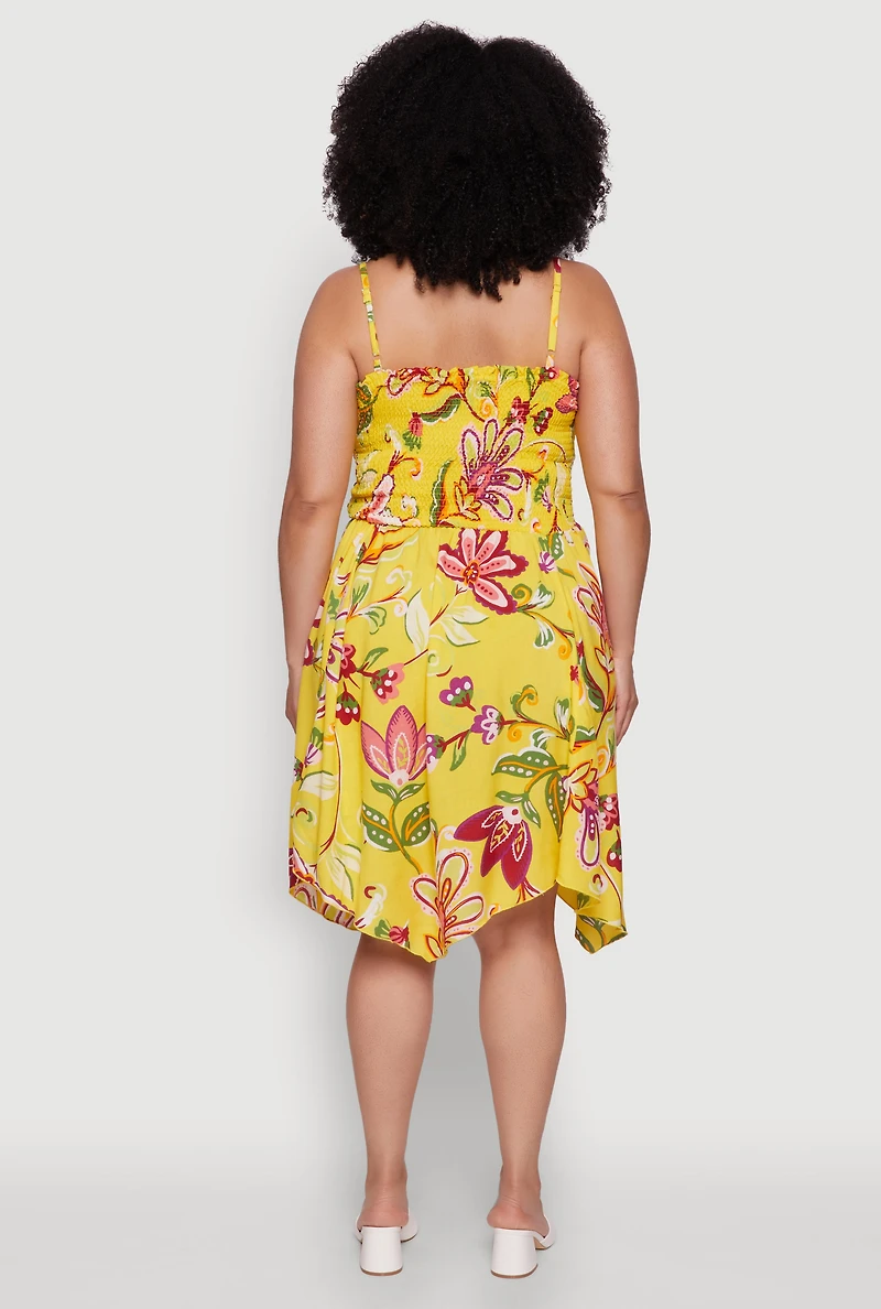 Womens Plus Size Floral Sleeveless Sundress with Square Neck and Sharkbite Hem, Yellow, Size 3X