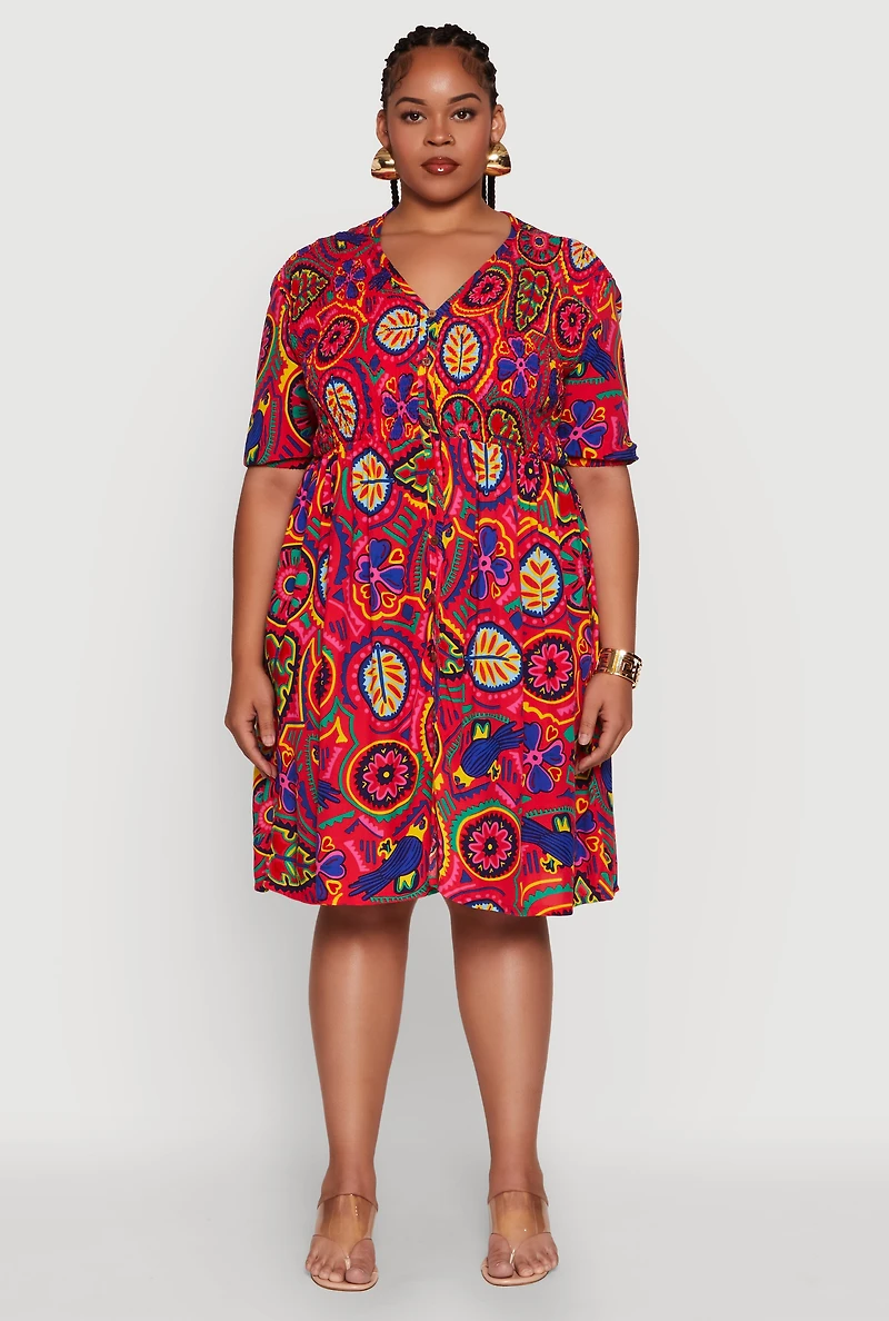 Womens Plus Size Smocked Short Sleeve V Neck Shirt Dress, Multi, Size 2X