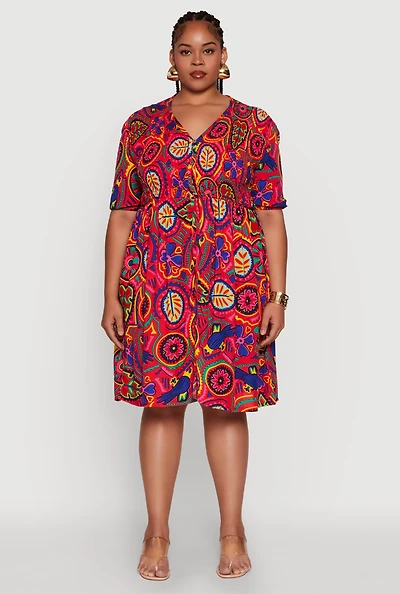 Womens Plus Size Smocked Short Sleeve V Neck Shirt Dress, Multi, Size 2X