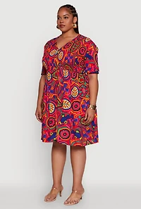 Womens Plus Size Smocked Short Sleeve V Neck Shirt Dress, Multi, Size 2X
