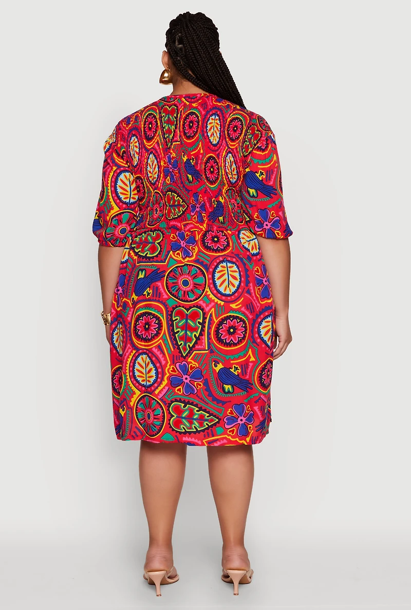 Womens Plus Size Smocked Short Sleeve V Neck Shirt Dress, Multi, Size 2X