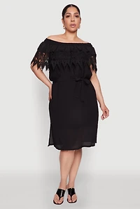 Womens Plus Size Crochet Overlay Off The Shoulder Dress, Black, Size 3X