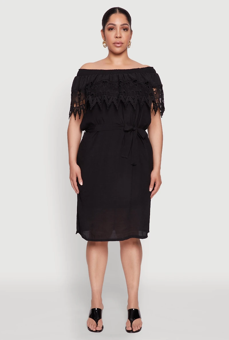 Womens Plus Size Crochet Overlay Off The Shoulder Dress, Black, Size 3X