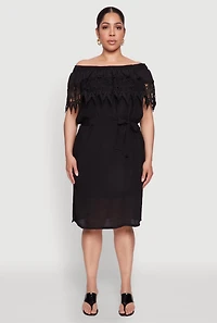Womens Plus Size Crochet Overlay Off The Shoulder Dress, Black, Size 3X