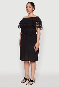 Womens Plus Size Crochet Overlay Off The Shoulder Dress, Black, Size 3X