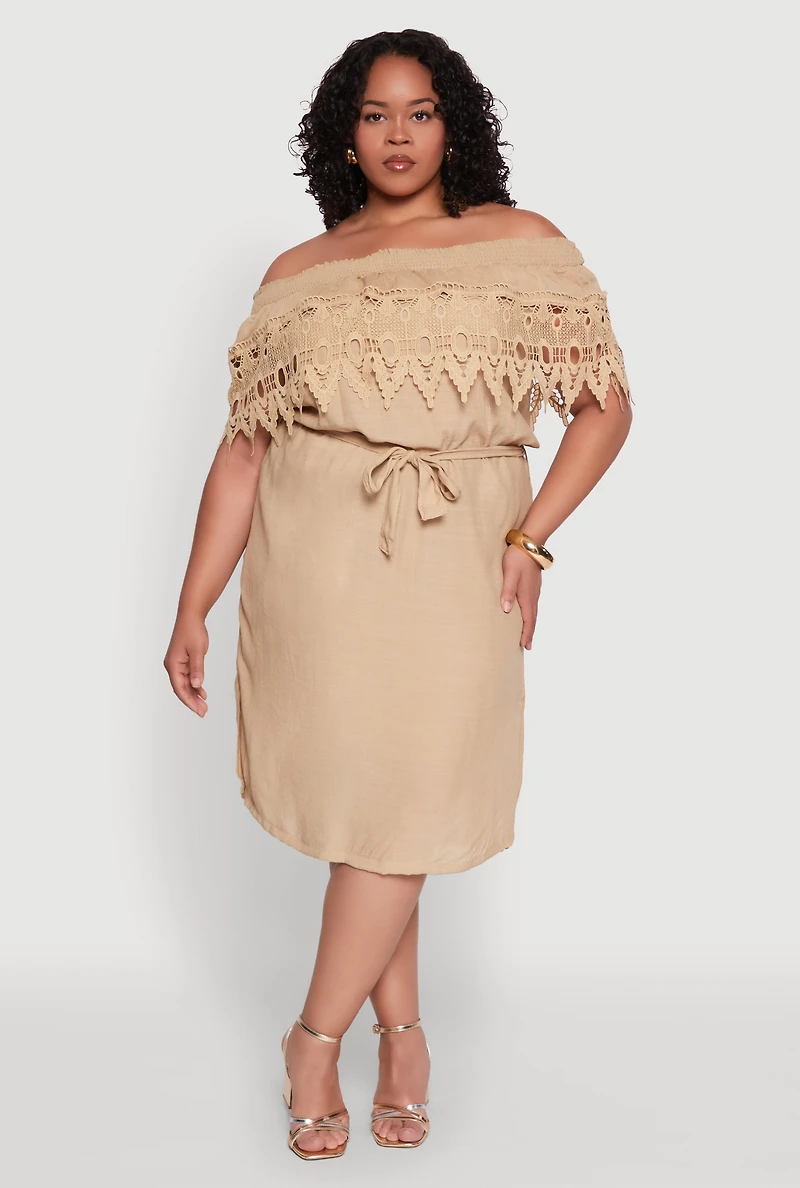 Plus Crochet Overlay Off The Shoulder Dress